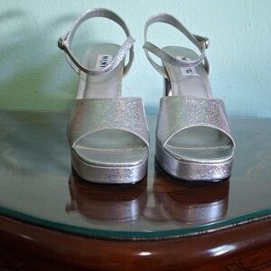 Silver Y2k Chunky Platform Heels  Metallic Sparkled Ankle Strap Buckle In Sz 10